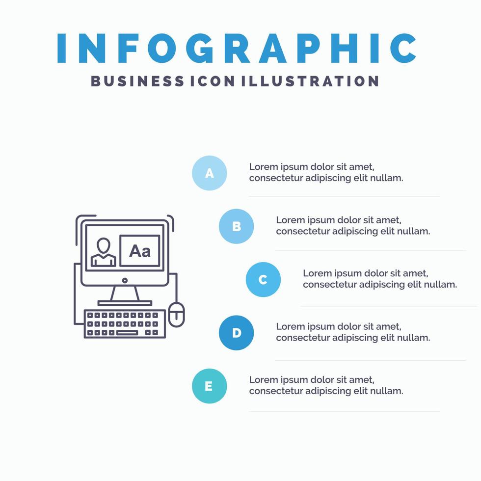 Computer Screen Software Editing Line icon with 5 steps presentation infographics Background vector