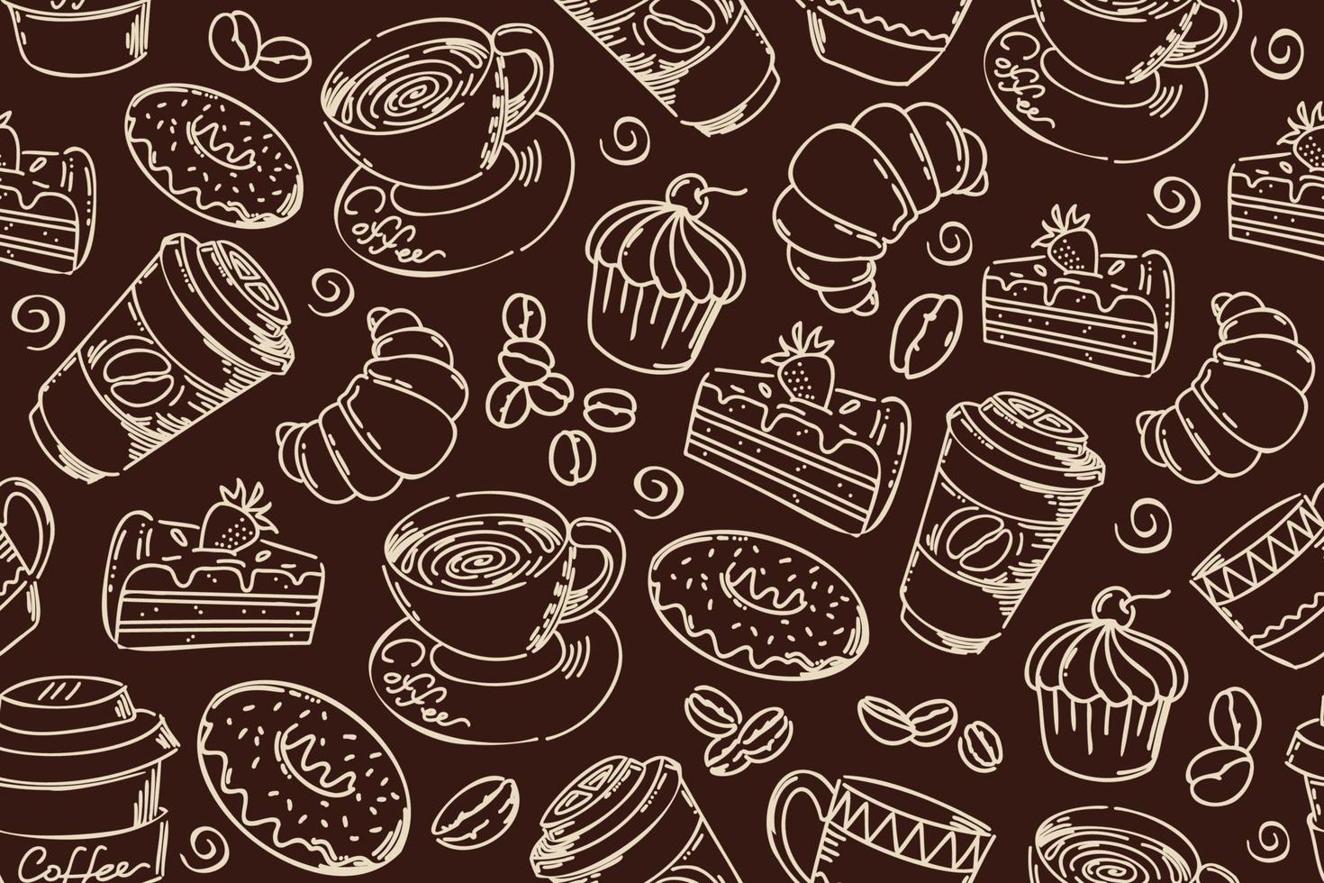 Seamless pattern with hand drown line art coffee beans, cups, sweet Seamless pattern with hand drown line art coffee beans, cups, sweet