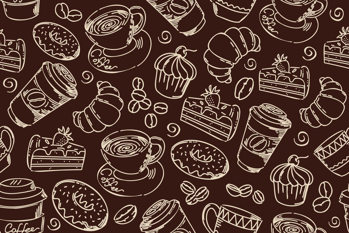 Seamless pattern with hand drown line art coffee beans, cups, sweet desserts in brown color. Seamless repeating pattern template. vector