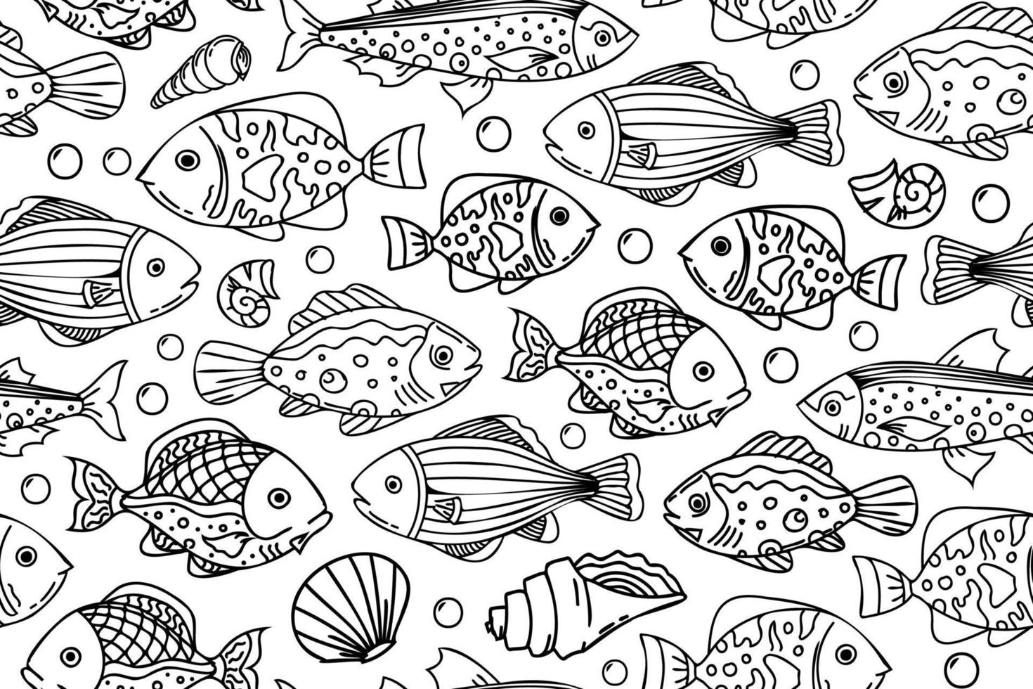 patrón sin costuras de pescado blanco y negro. repitiendo ilustraciones decorativas de peces con línea fina negra. vida submarina vector