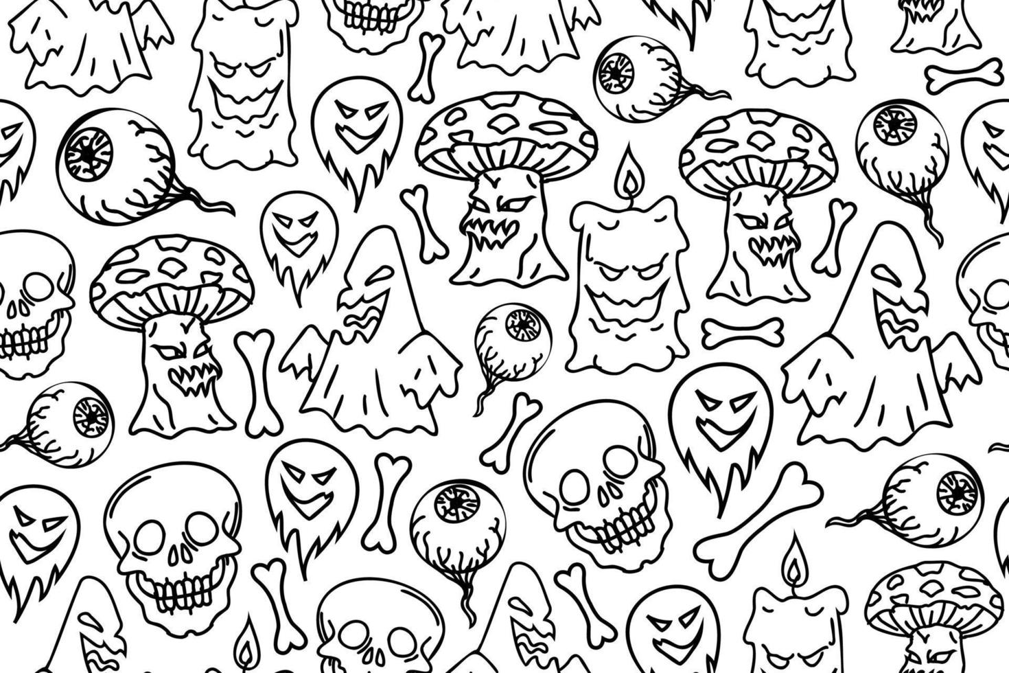 Halloween seamless pattern. Repeating pattern with outline evil creatures, ghosts, mushrooms, skulls, bones. Template for endless repetition. vector