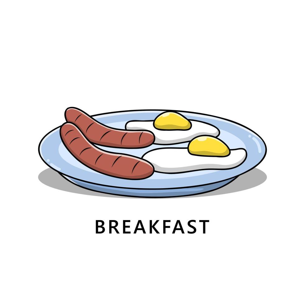 logotipo de desayuno. ilustración de comida y bebida. nutrición soleado lado arriba huevos y salchicha icono símbolo vector