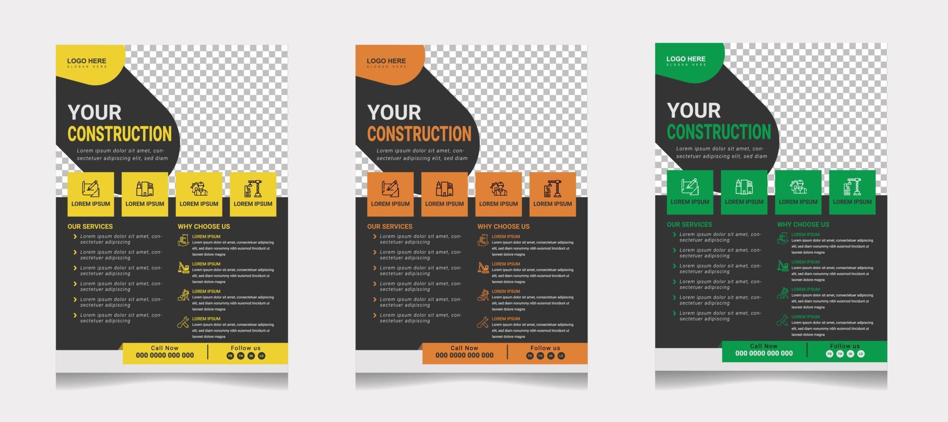 Construction Business flyer template vector design set with yellow, orange and green color. marketing, promotion, business proposal, advertise, publication, cover page