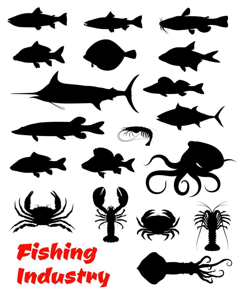 icono negro de pescado y marisco para el diseño de pesca vector