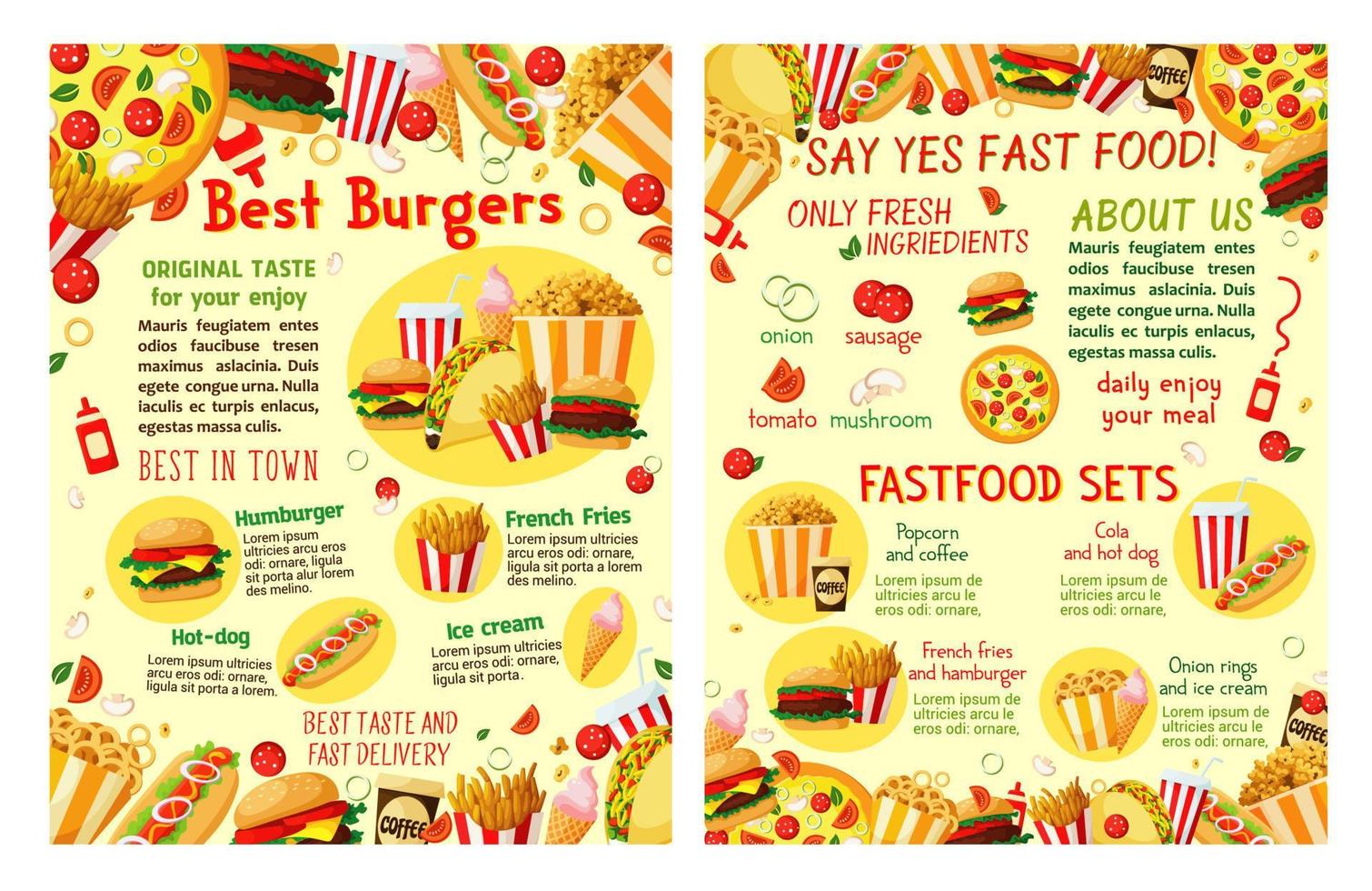bocadillos de comida rápida y cartel de vector de restaurante de comida