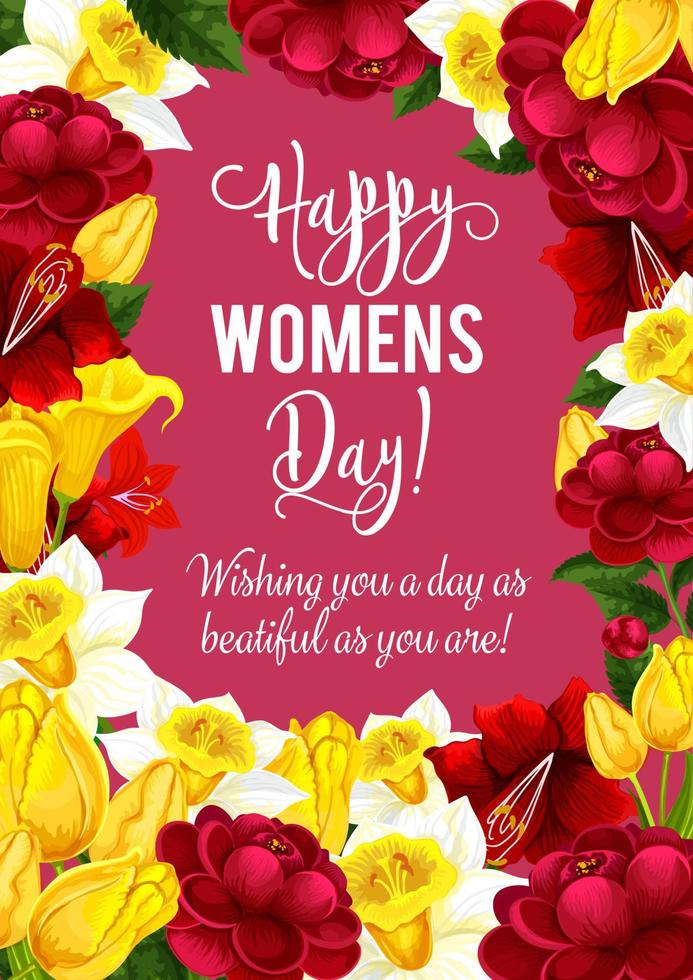Women Day greeting card with spring flower frame vector