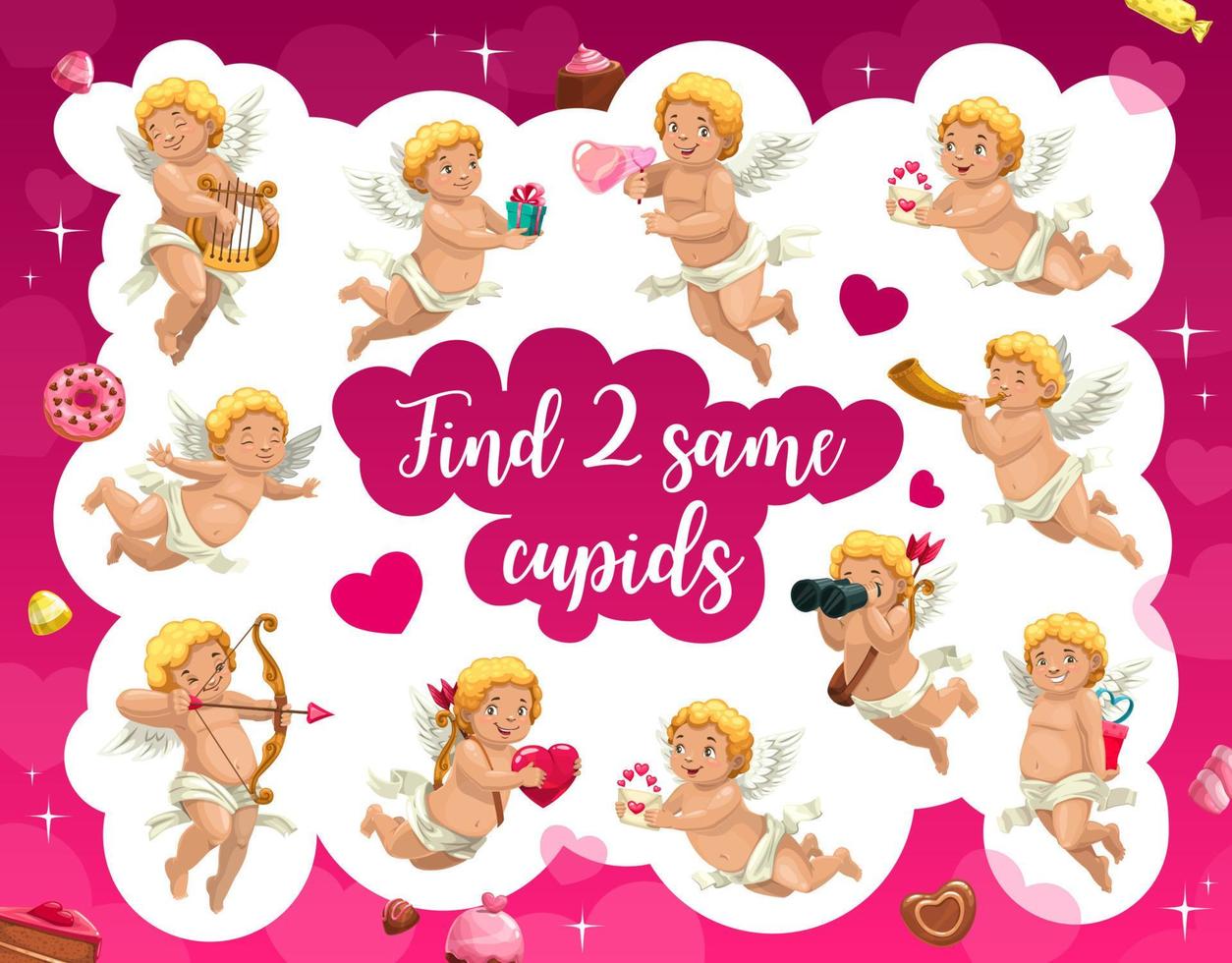 Find two same cartoon cupid angels, game worksheet vector