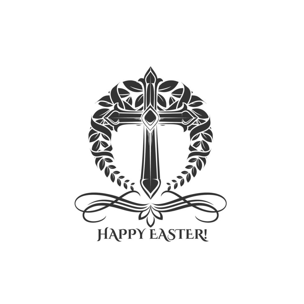 Easter day vector cross in laurel icon