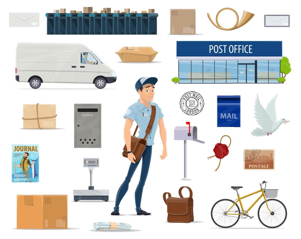 Postal service set with postman and post icon vector