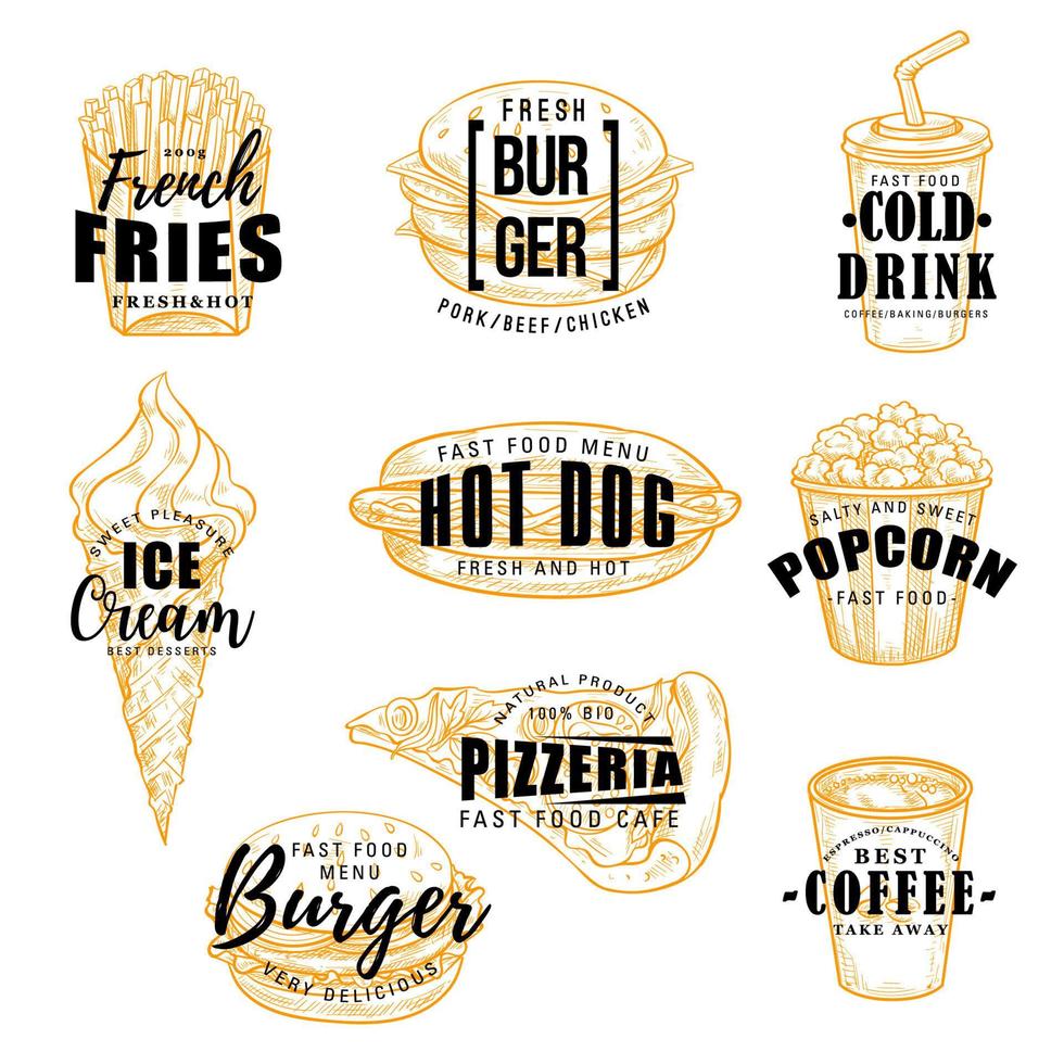 Fast food label with burger, drink and dessert vector