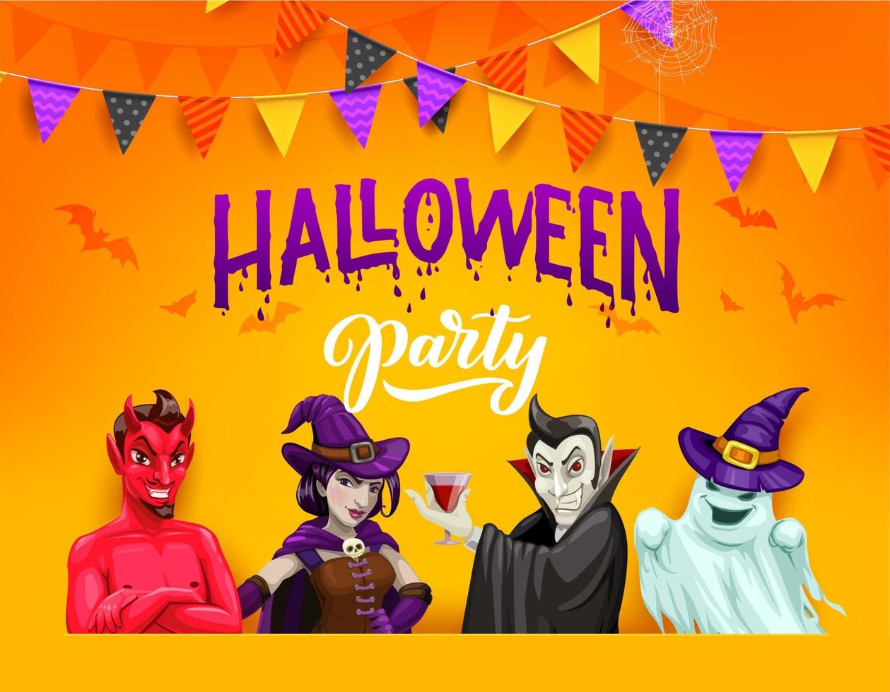 banner de parte de halloween con personajes de dibujos animados vector