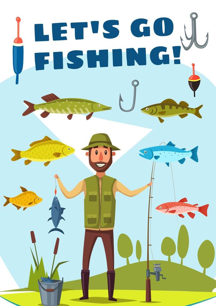 Fisherman with rod and fish poster, fishing design vector