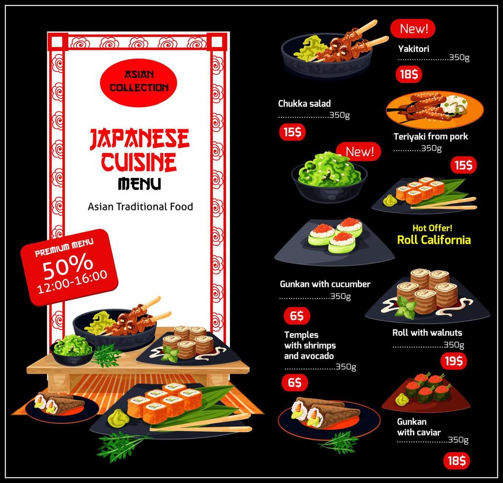 Vector menu for Japanese cuisine dishes