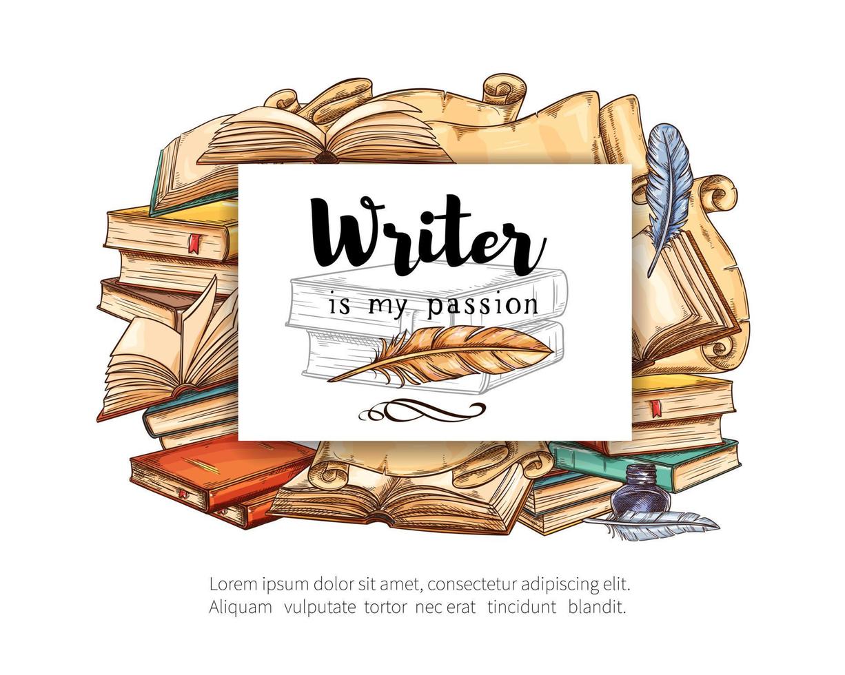 Old paper book, feather pen, scroll and ink sketch vector