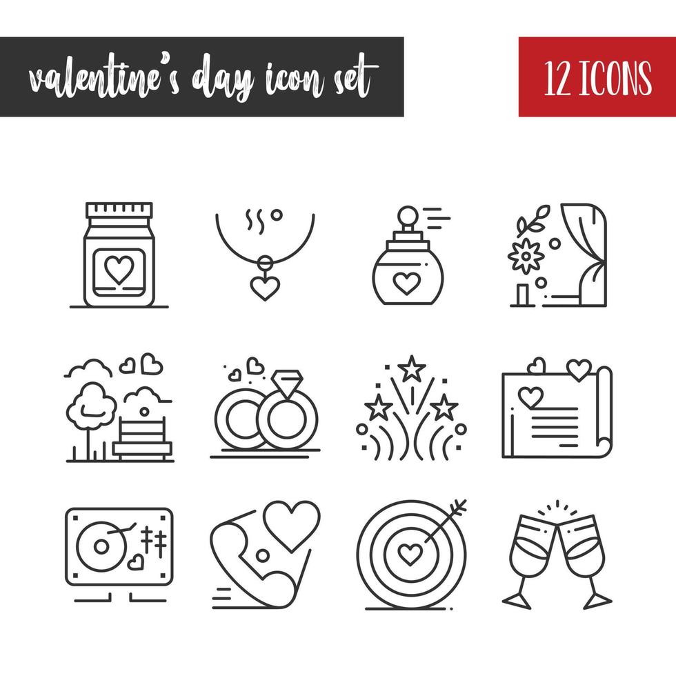 feliz día de san valentín contorno 12 conjunto de iconos vector