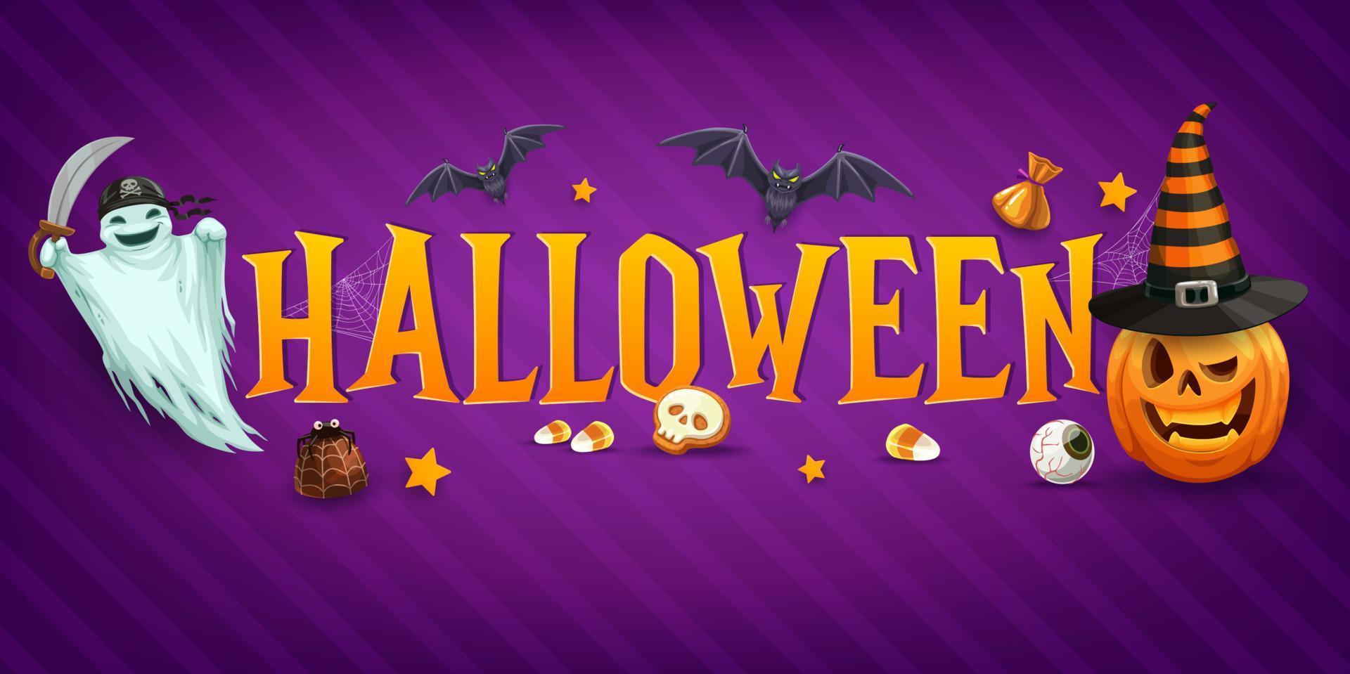 Halloween banner with sweets, ghost and pumpkin vector