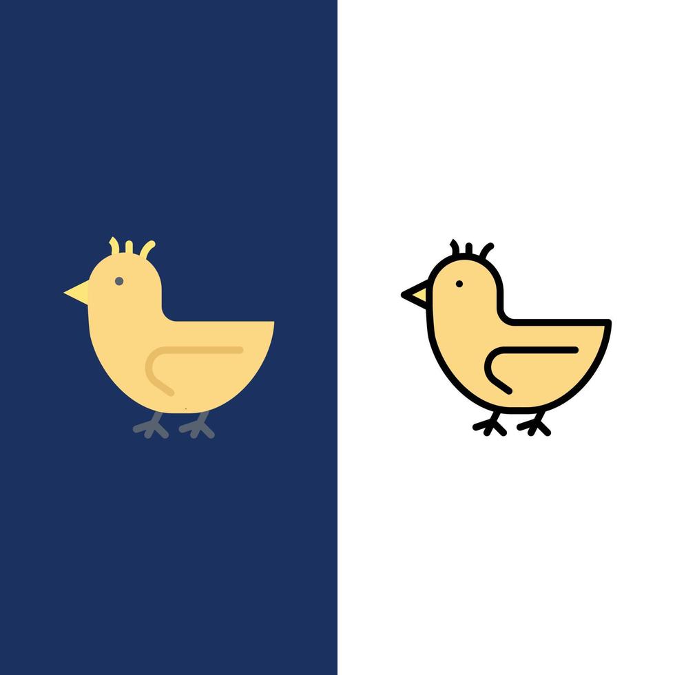 pato, ganso, cisne, primavera, iconos, plano, y, línea, lleno, icono, conjunto, vector, fondo azul vector