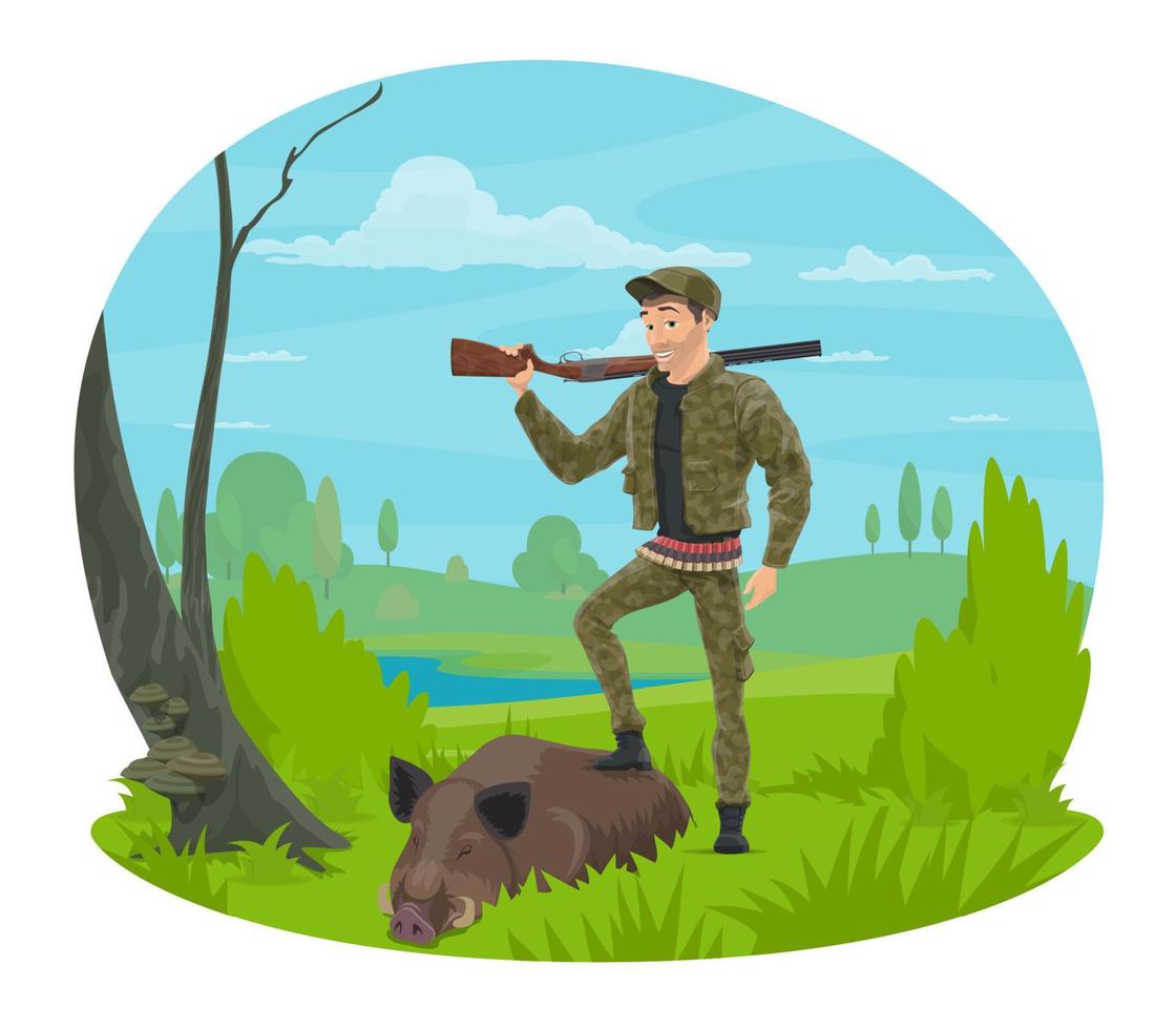 Hunter with rifle and trophy boar cartoon icon vector