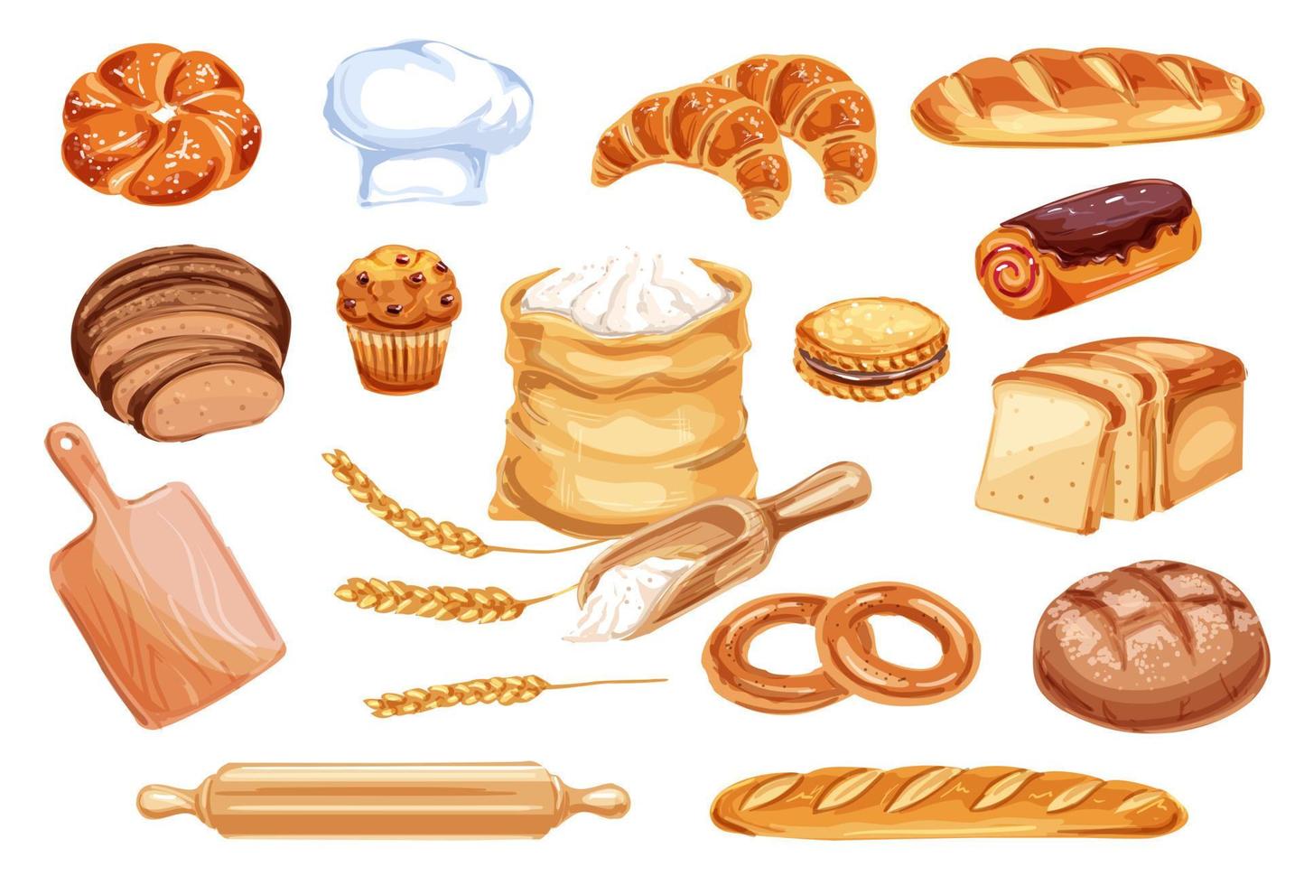 icono de acuarela de pan de panadería y pastelería vector