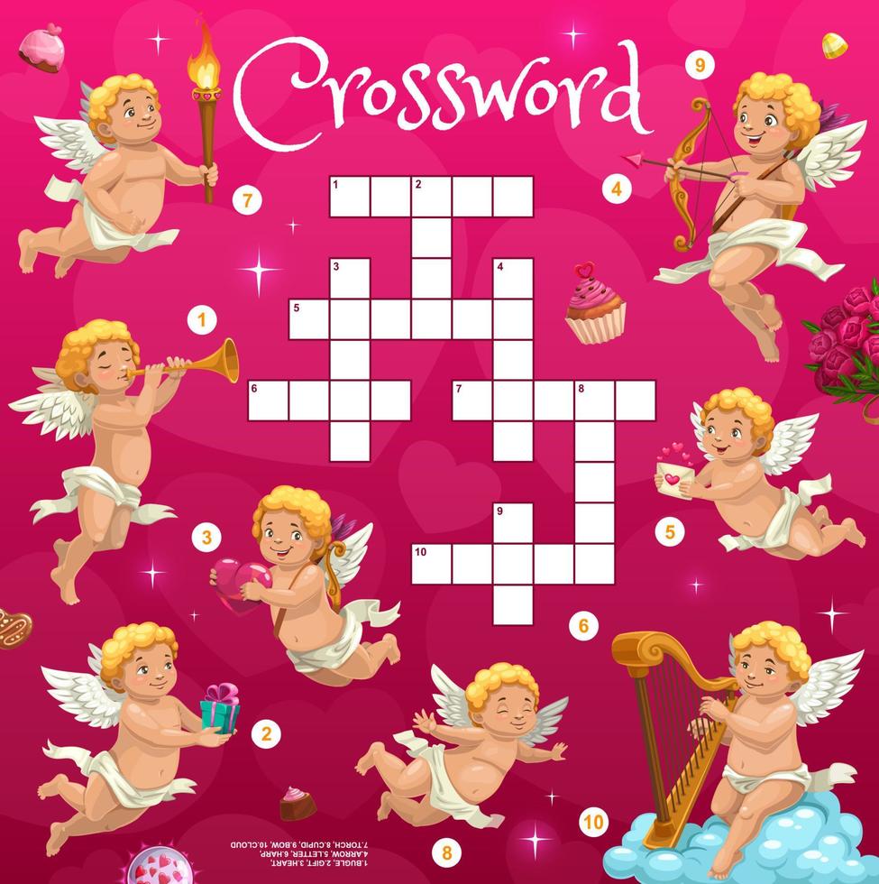 Crossword grid quiz, cartoon Valentine day cupids vector