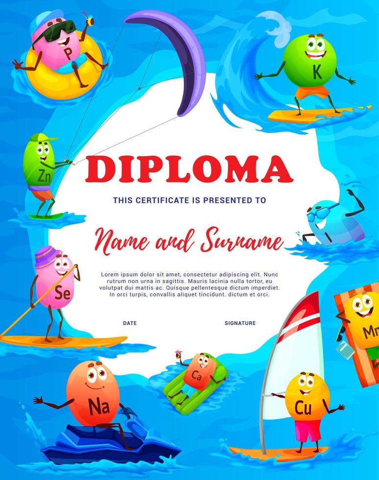 Kids diploma cartoon micronutrient characters vector
