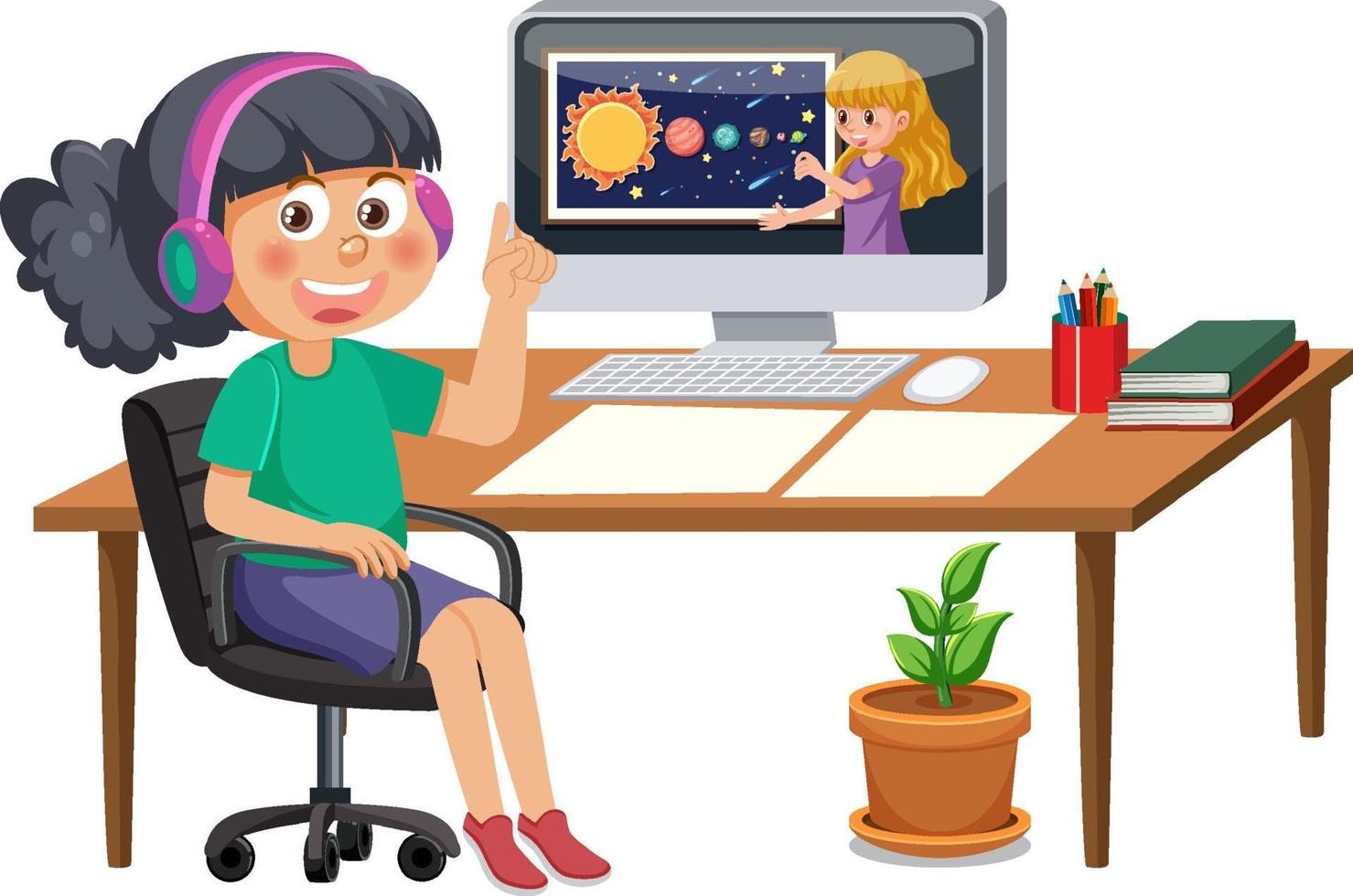 A girl studying online on computer vector