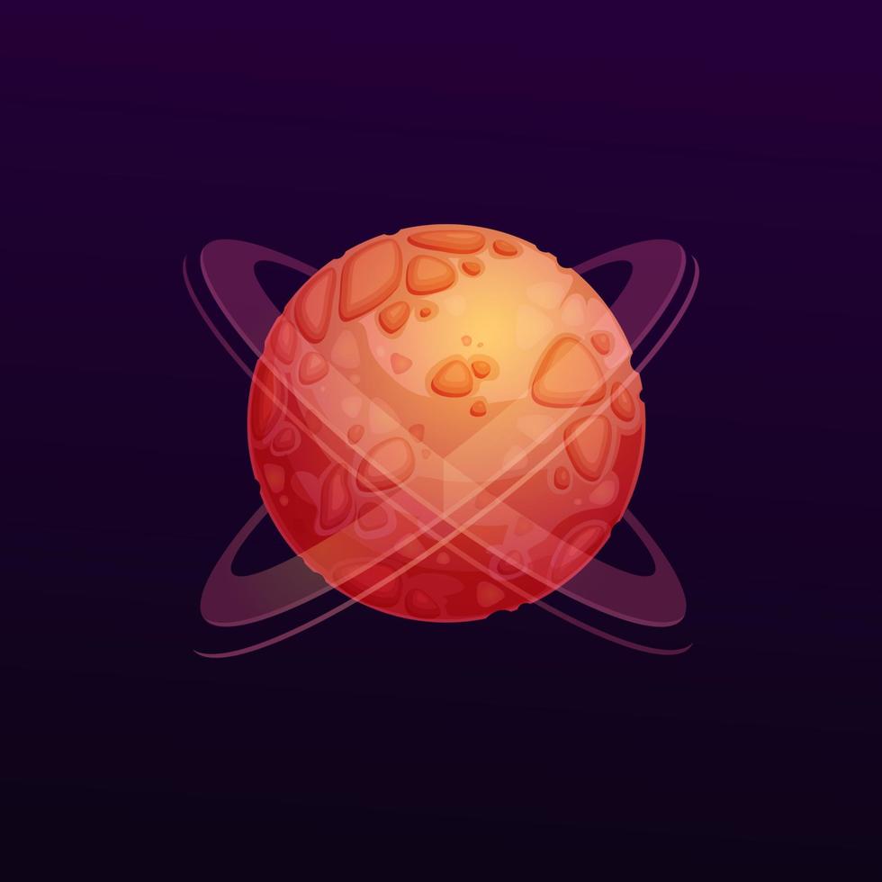 Cartoon red space planet with craters and rings vector
