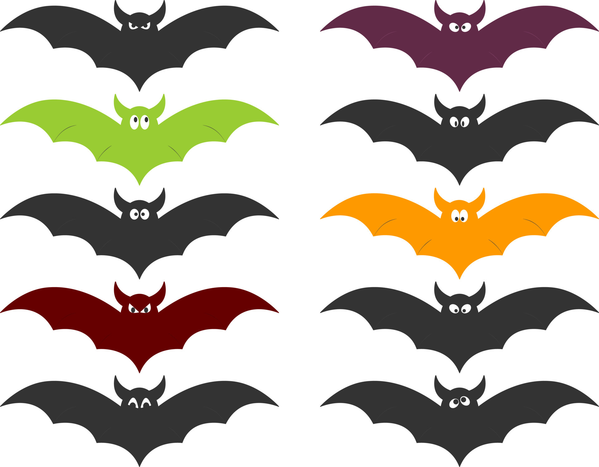 Set of colored and black bats with eyes and emotions for halloween