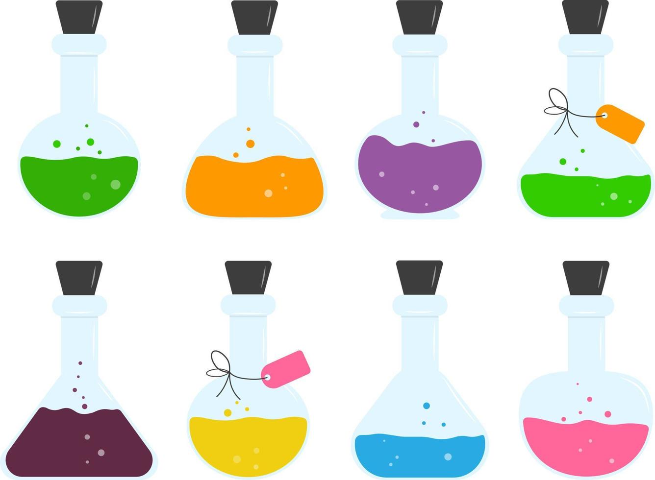 Multi-colored magic potion in glass test tubes with and without tags vector