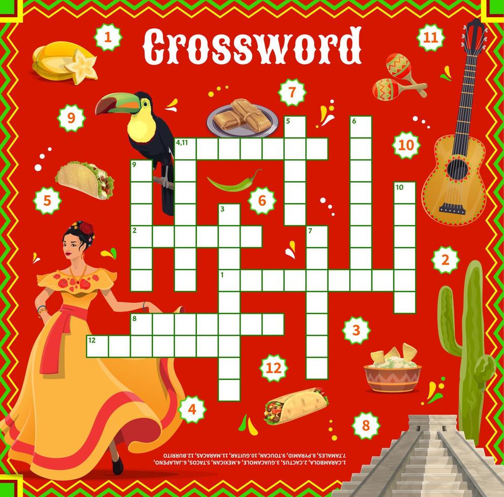 Crossword puzzle game, Mexican food and objects vector
