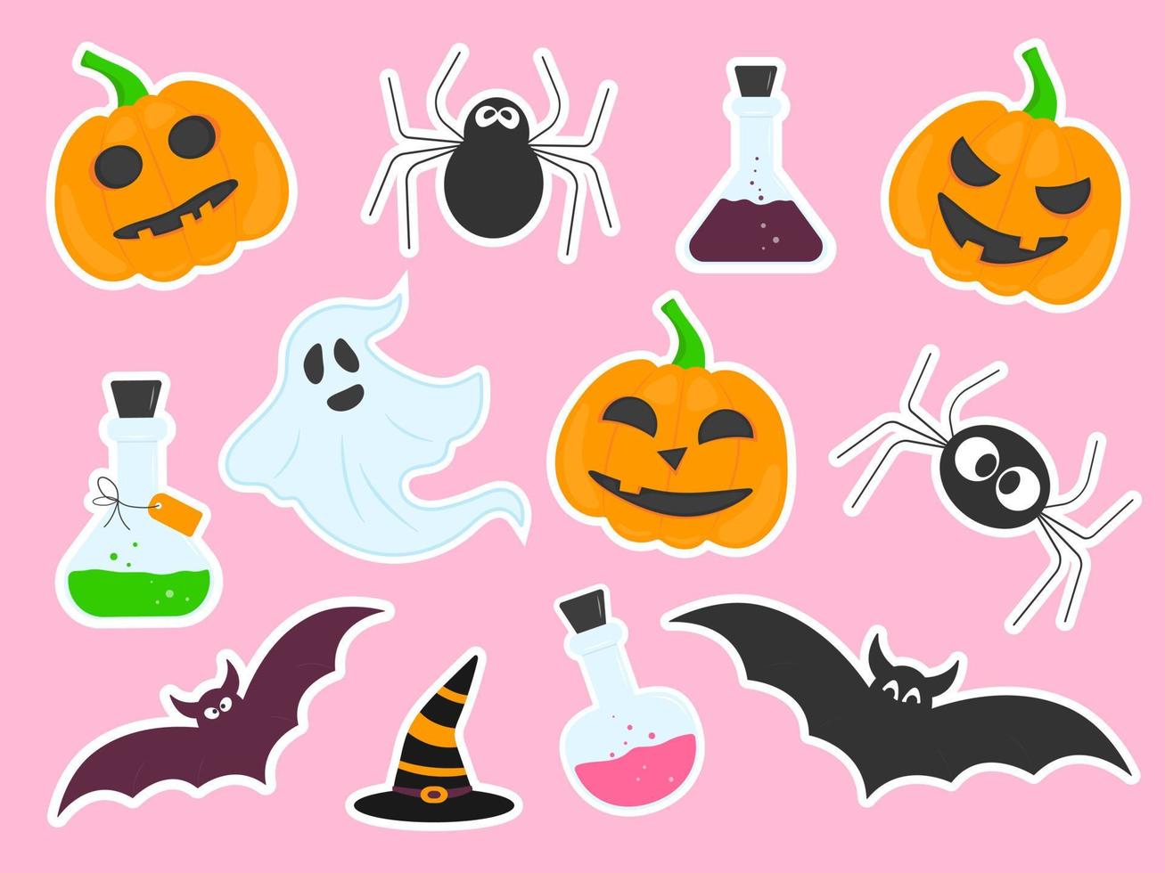 conjunto de pegatinas brillantes y alegres con calabazas, fantasmas, pociones, murciélagos, tema de halloween vector