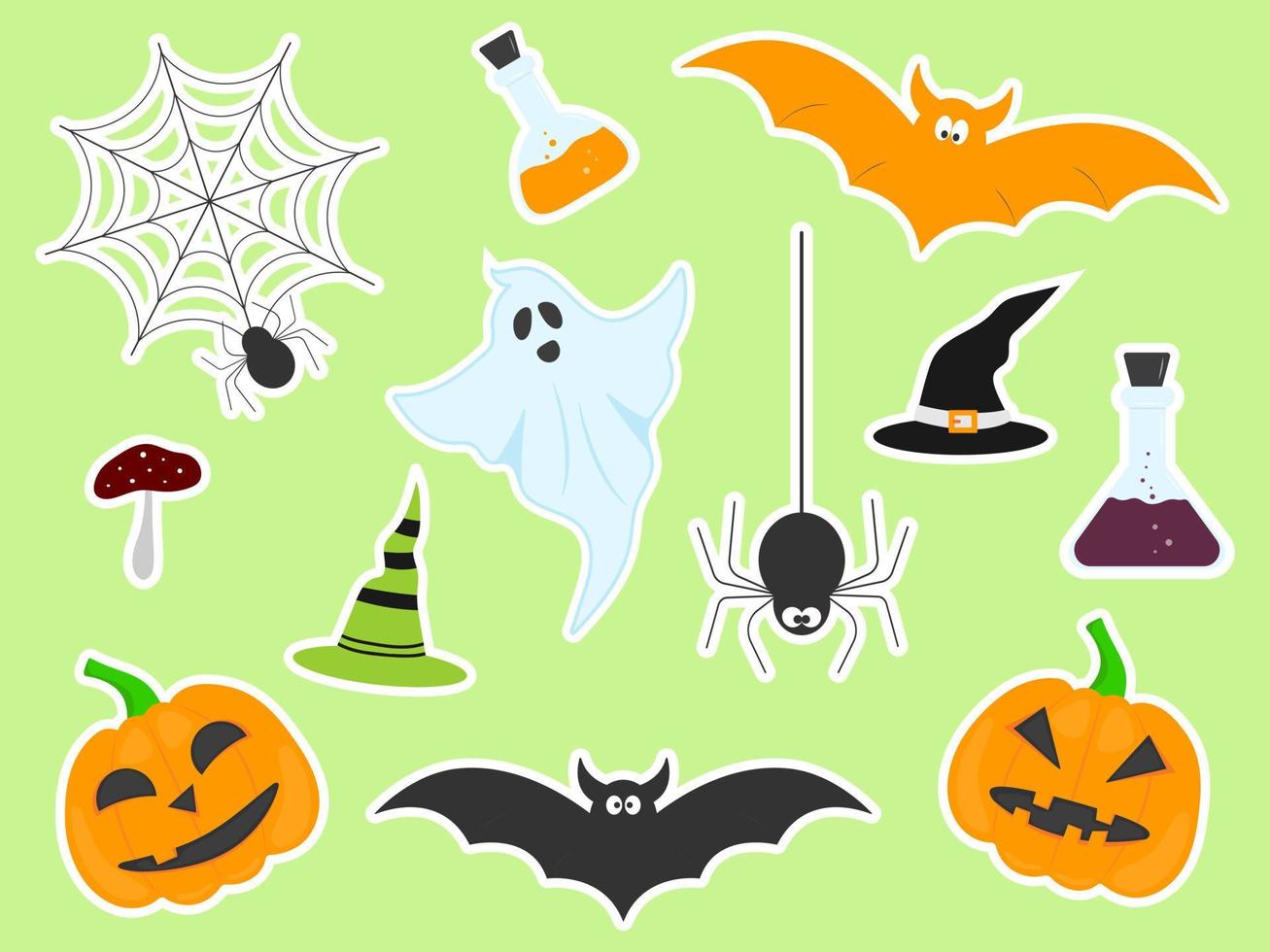 conjunto de divertidas pegatinas de halloween: calabazas, fantasmas, arañas, sombrero de bruja, murciélago, hongo de poción mágica vector