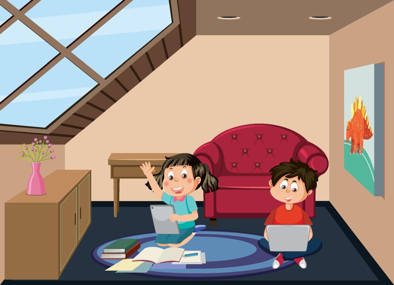 Kids learning online at home vector