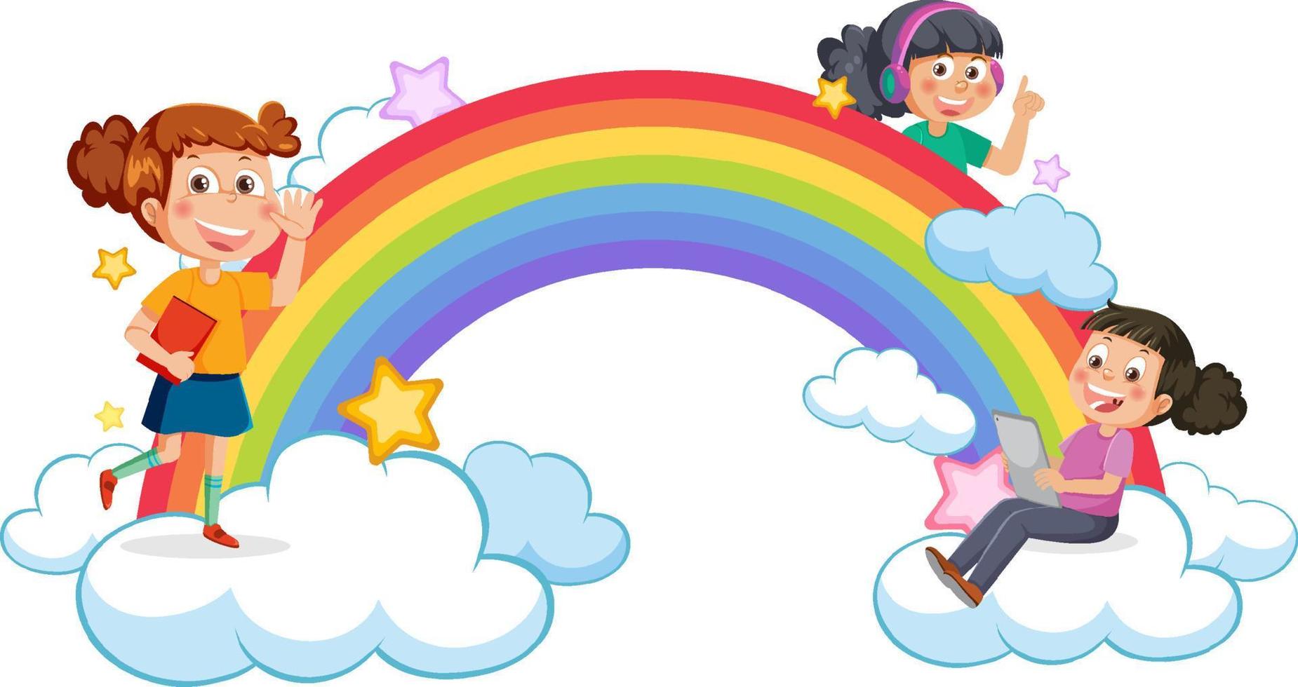 niños felices con arcoiris vector