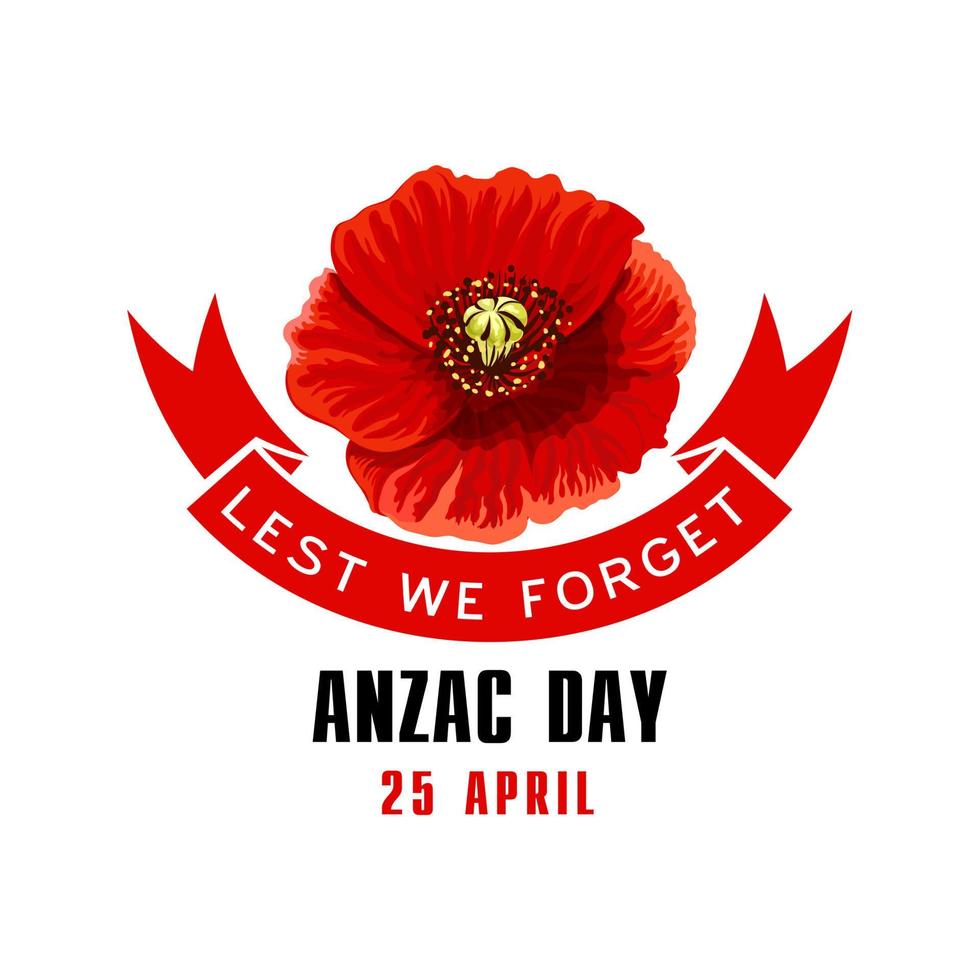 Anzac Day Lest We Forget card with poppy flower vector