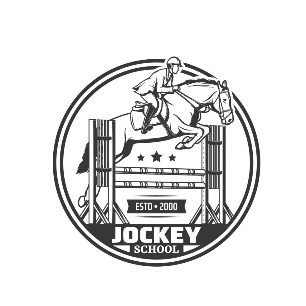 Jockey school icon, equestrian sport horse jumping vector