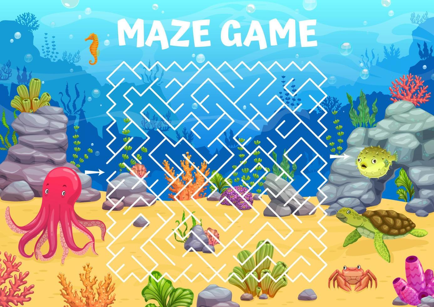 Labyrinth maze game, cartoon underwater landscape vector