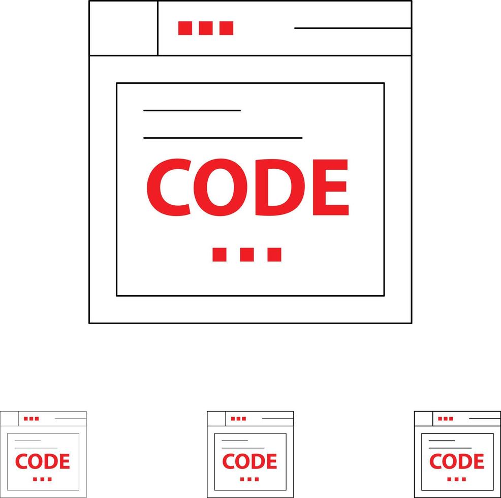 código de internet del navegador codificación negrita y conjunto de iconos de línea negra delgada vector