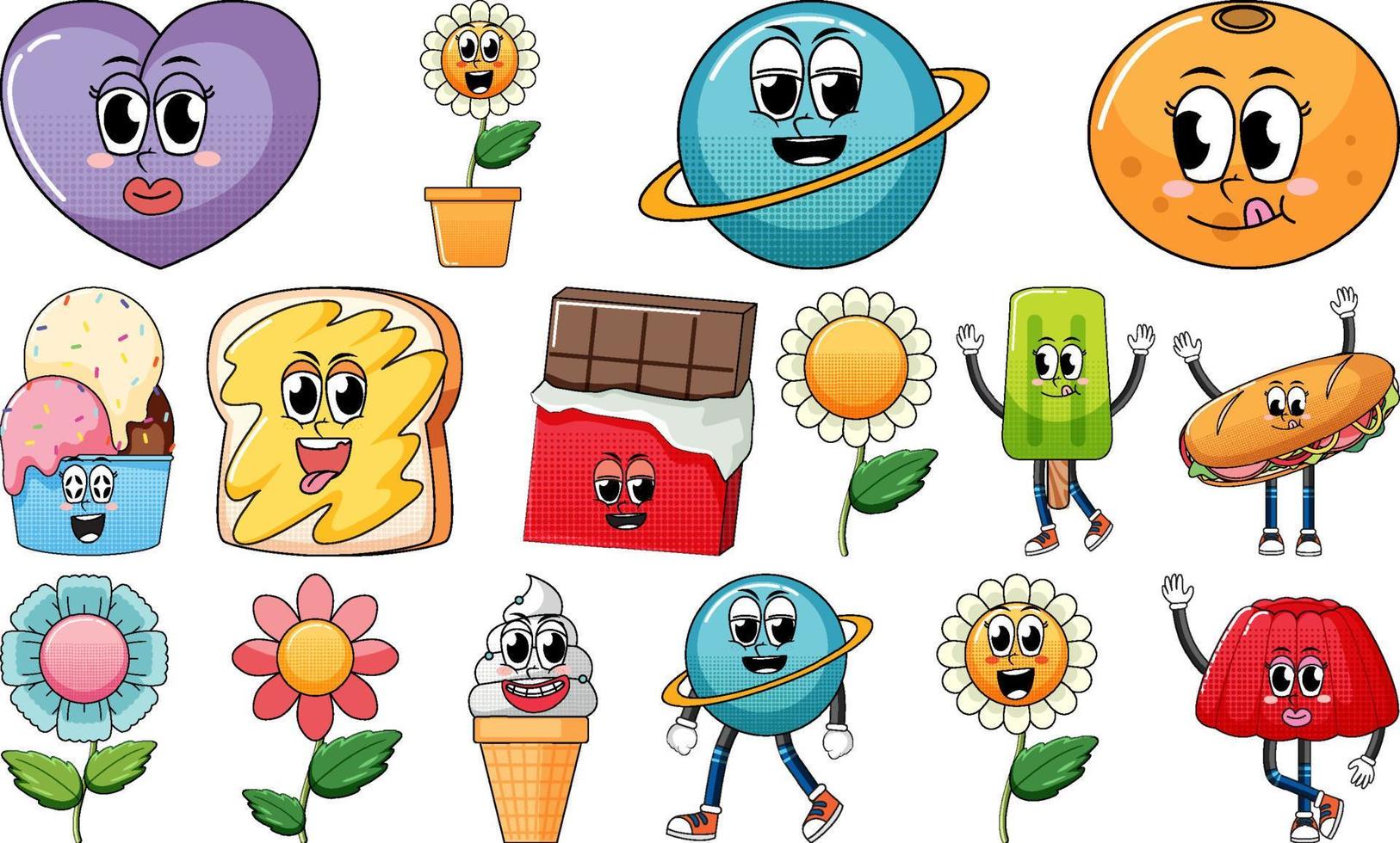 Set of objects and foods cartoon characters vector