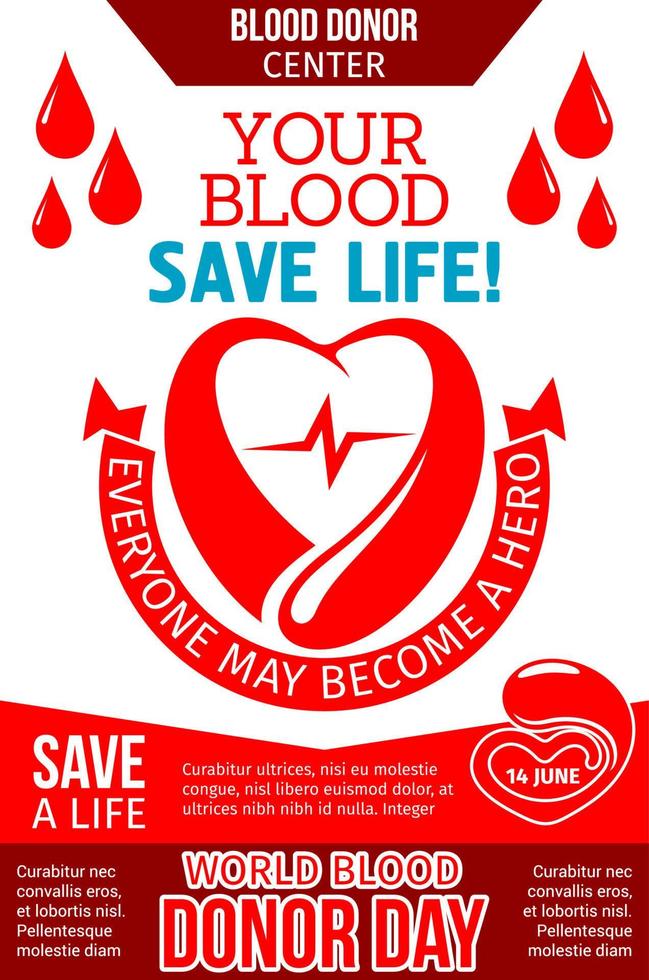 Blood donation banner with heart, drop and ribbon vector