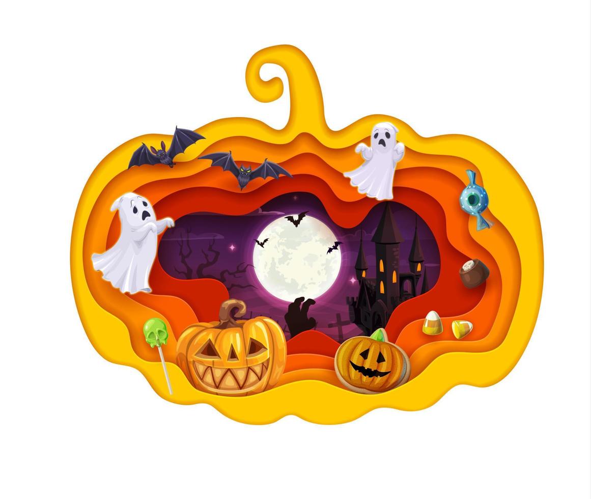 Halloween paper cut pumpkin with ghosts and castle vector