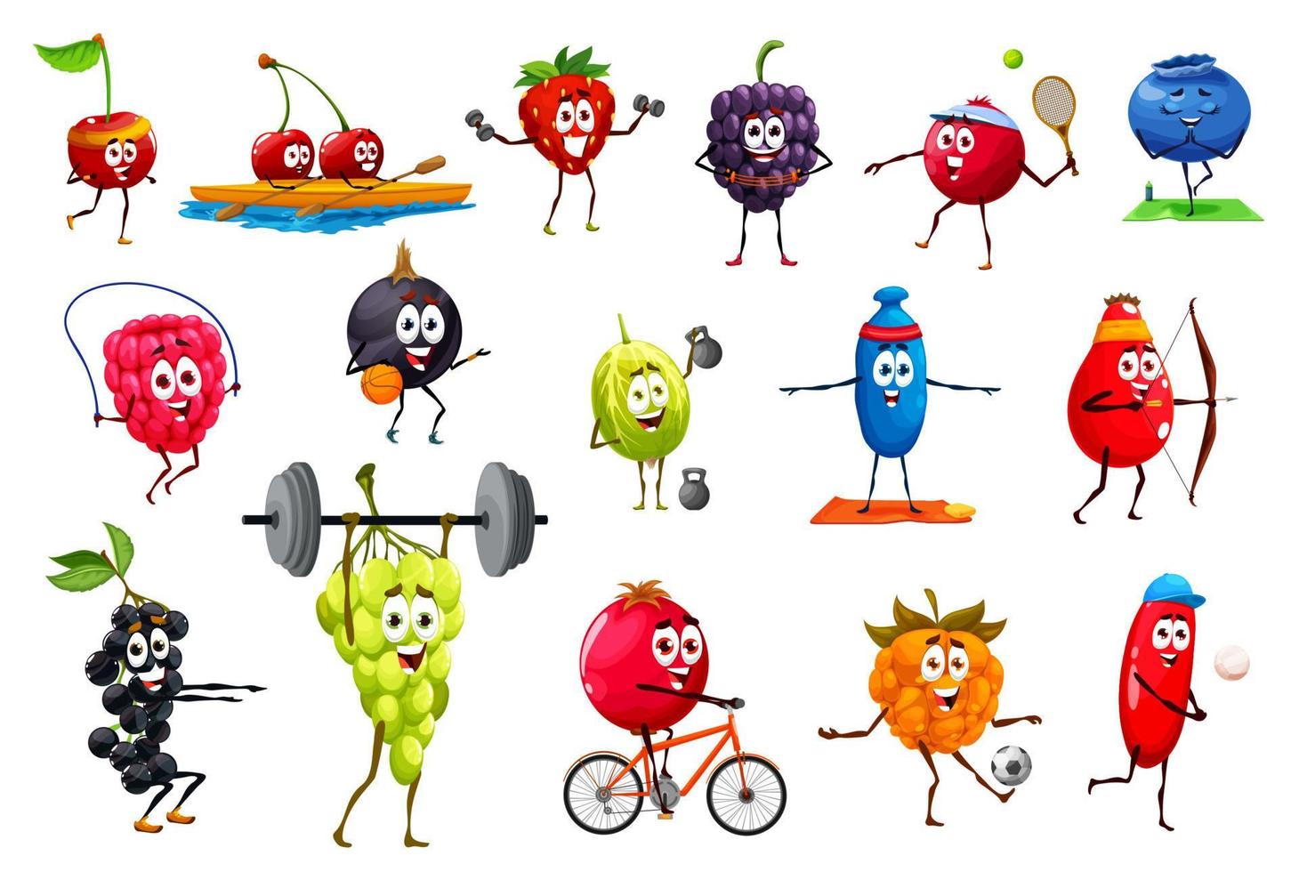 Cartoon funny sportsman fruits characters vector