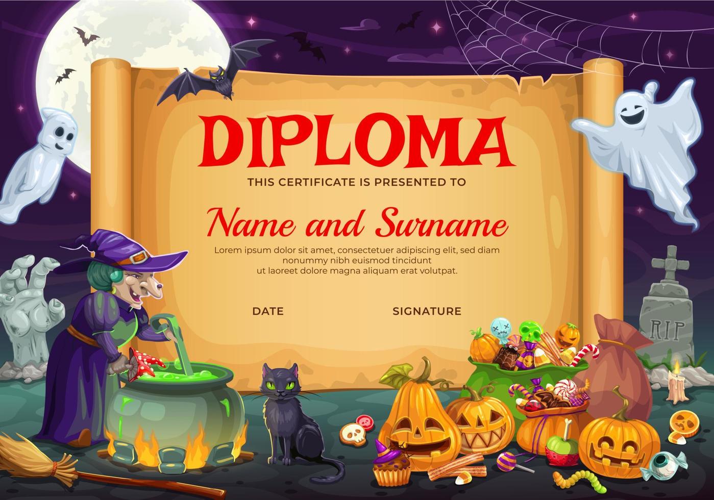 Halloween kids diploma with cartoon witch, candies vector