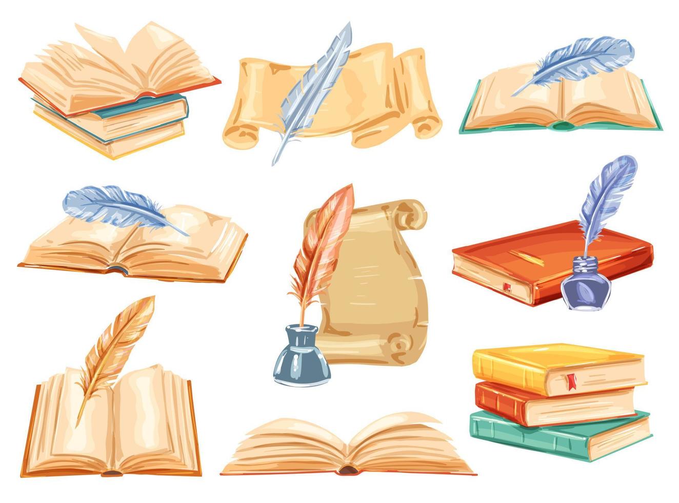 Old book, paper scroll and feather pen watercolor vector