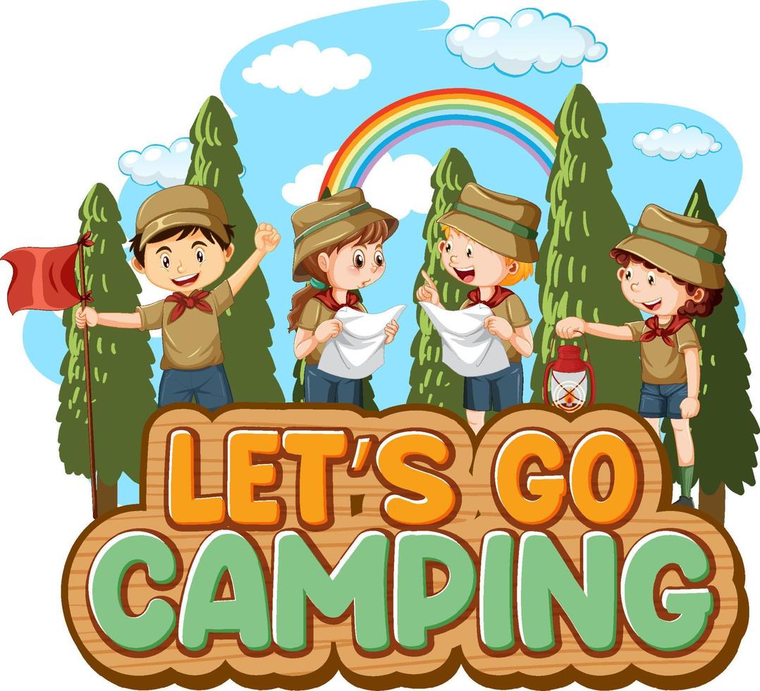 Lets go camping text with kids vector