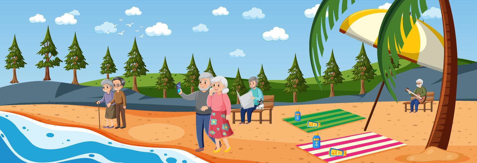 escena de playa con personas mayores de vacaciones vector