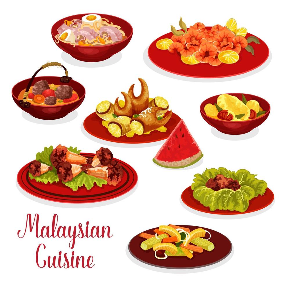 Malaysian cuisine dinner menu icon with asian food vector