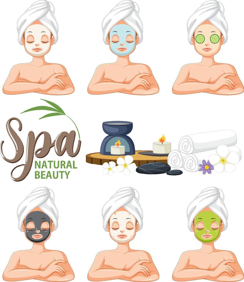 Set of spa girls applying facial mask vector