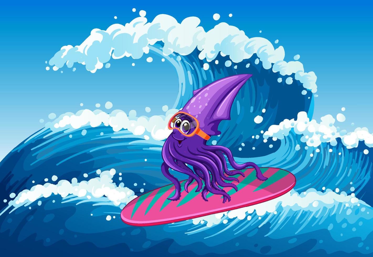 un calamar en una tabla de surf en el océano vector