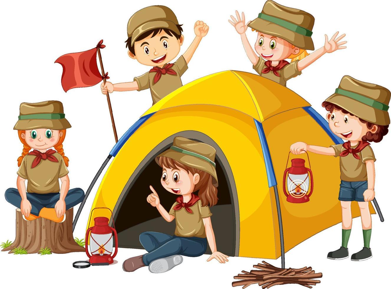 Happy kids at camping tent vector
